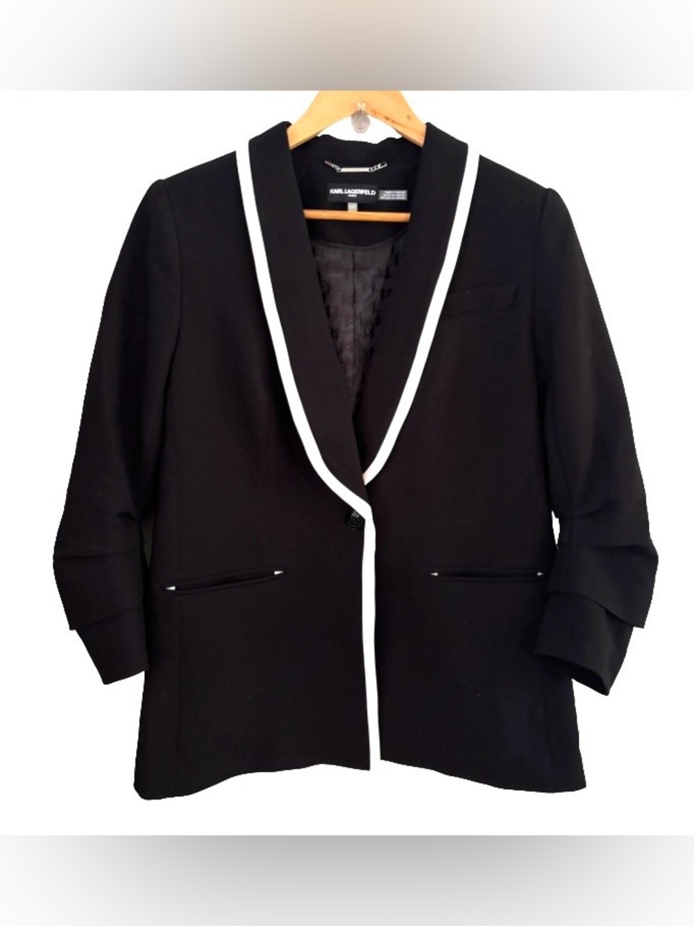 Karl Lagerfeld woven blk blzr w wht trm & ruched slvs WM 8 old money classic